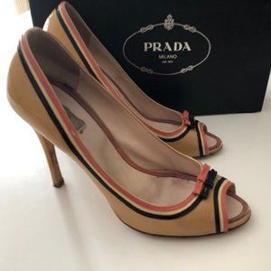 Fun sexy tan patent leather Prada heels